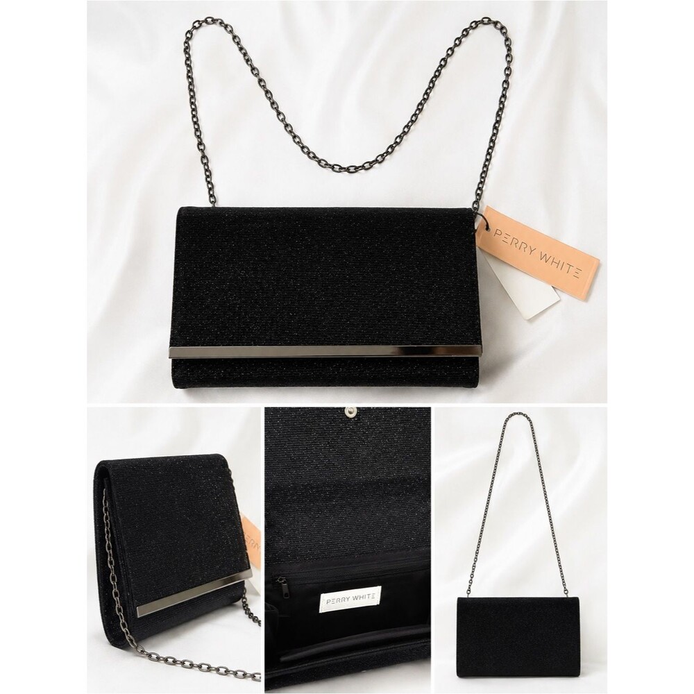Perry White Black Glitter Metallic Chain Strap Evening Clutch Shoulder Bag NWT